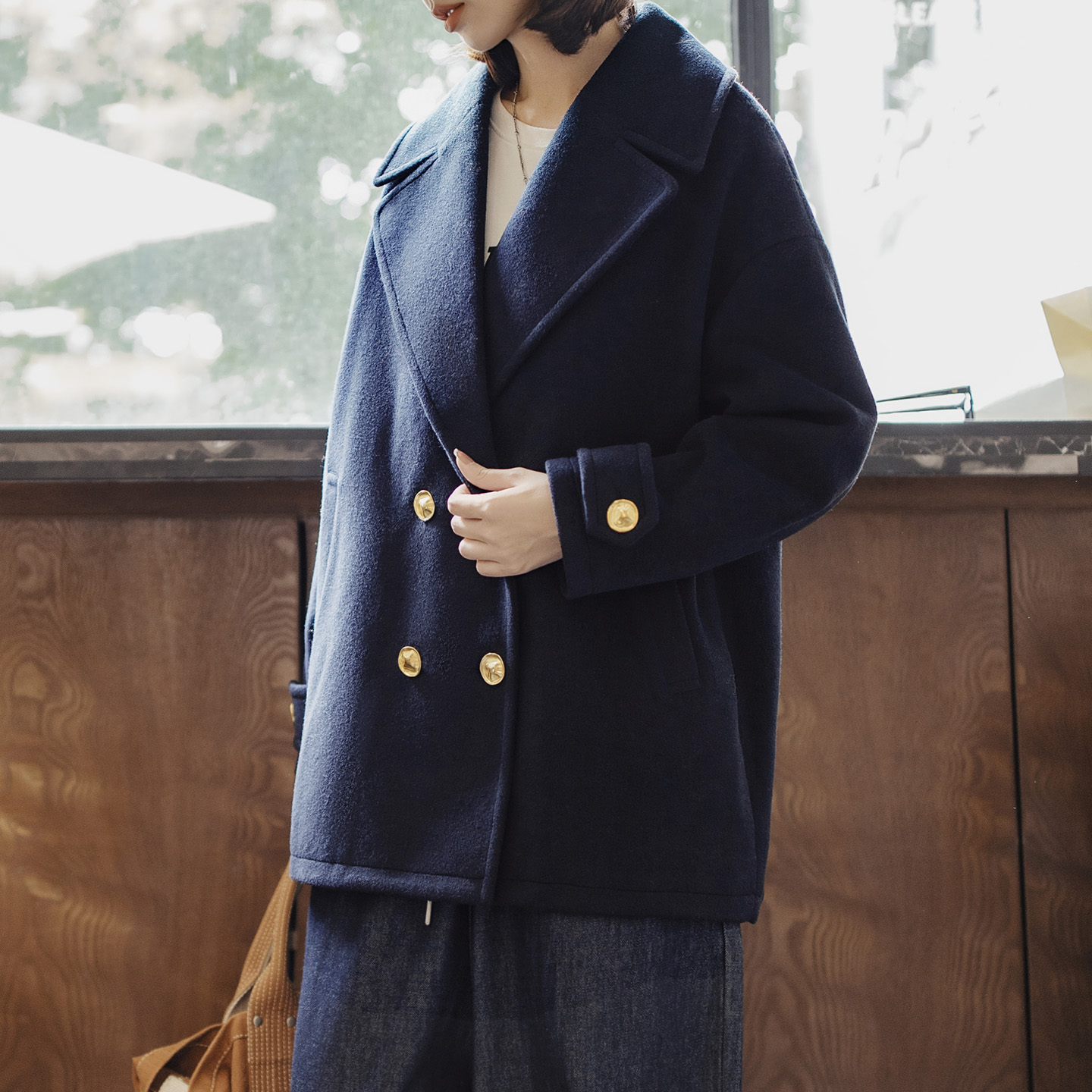Manteau pour femme Maden, mi-long, épais, à double boutonnage, col à revers, chaud, bleu marine, style preppy, vêtement d'extérieur décontracté