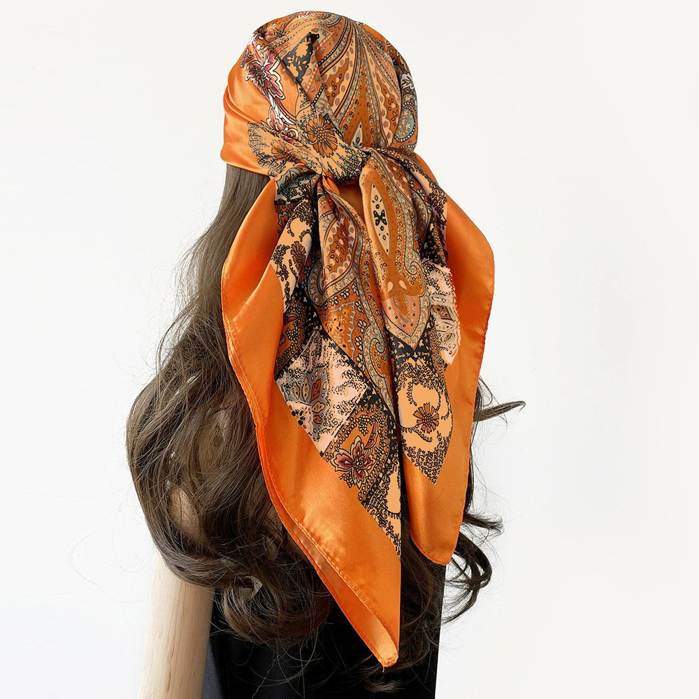 Foulard carré en soie de 90 cm pour femme, marque de luxe, imprimé satiné, hijab, écharpe musulmane, paréo, bandana, châle, bandeau, foulard