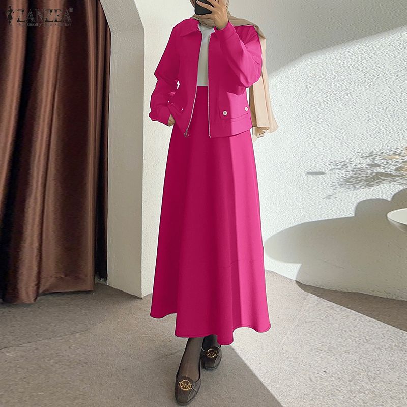 Tenues modestes pour femmes, ensembles de jupes longues à manches longues et jupes maxi évasées en 2 pièces, ensembles ZANZEA, tenues musulmanes islamiques avec hijabs