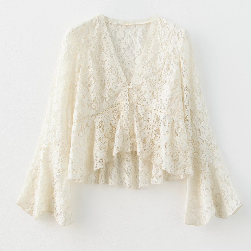 Chemisier en dentelle transparente pour femme, style bohème, à manches longues cloche, effet poncho, sexy, en maille fluide, avec ourlet à volants, type châle