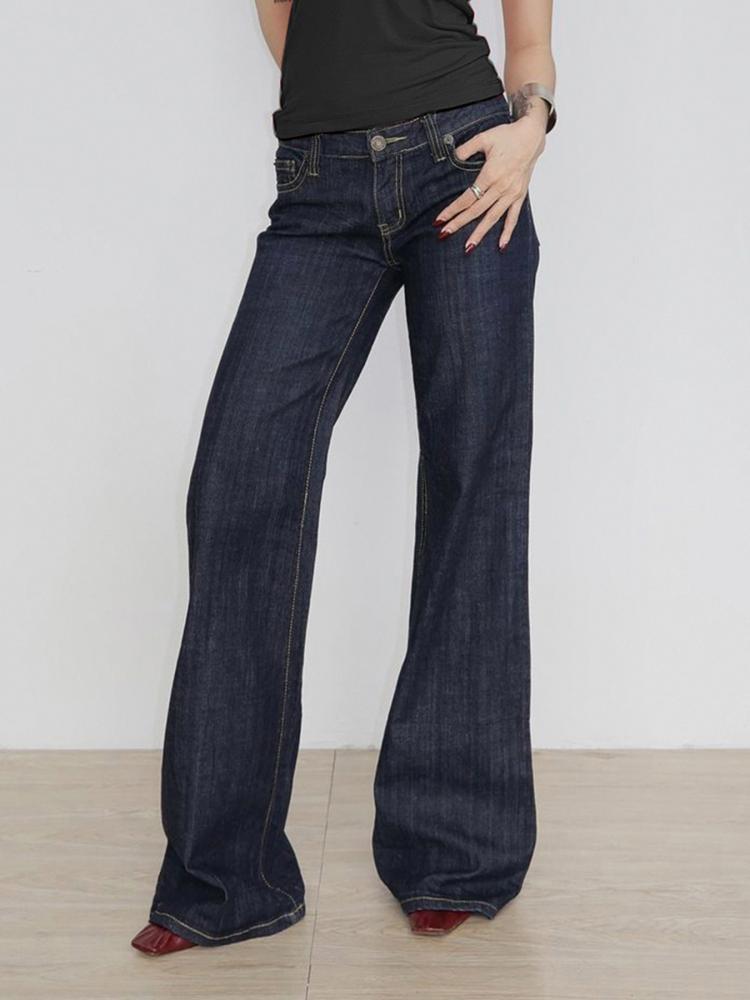 Jean évasé coupe cintrée pour femme Y2K Pantalon en denim extensible taille basse vintage avec broderie style vieilli pour les tenues de tous les jours