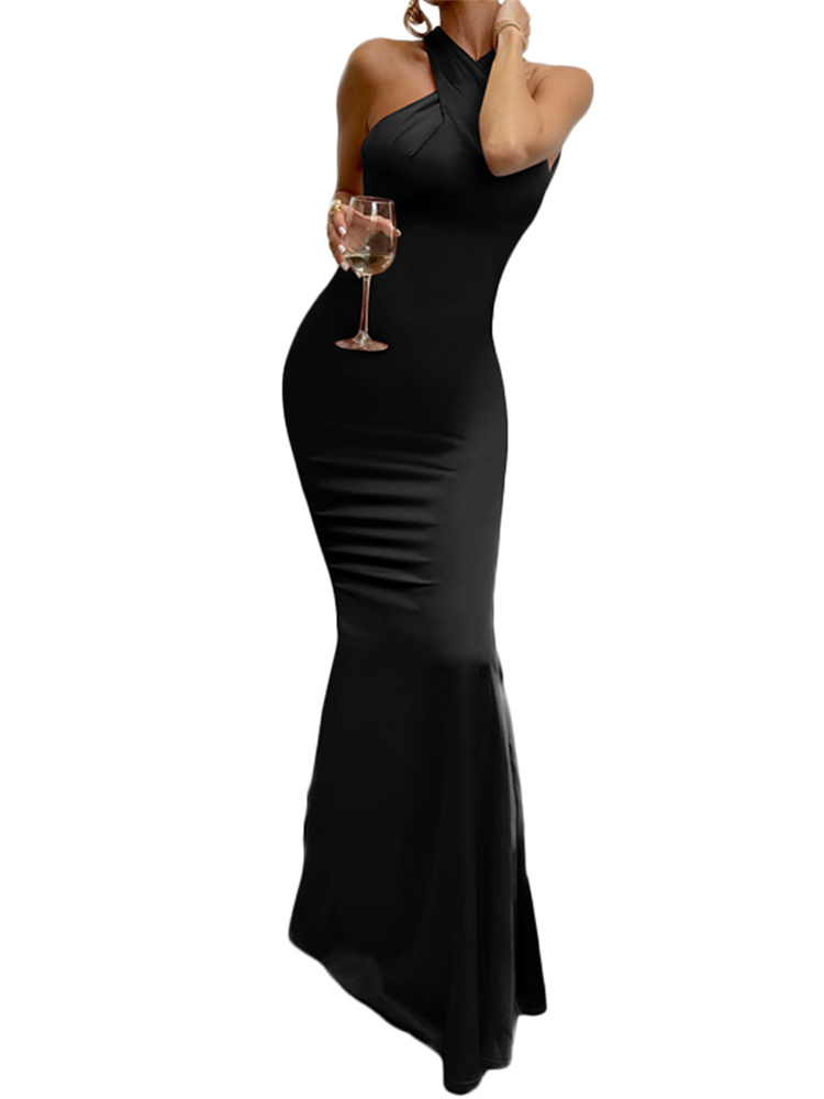 Femmes robe longue croix licou dos nu robe de bal Cocktail robes de soirée sans manches robe d'été