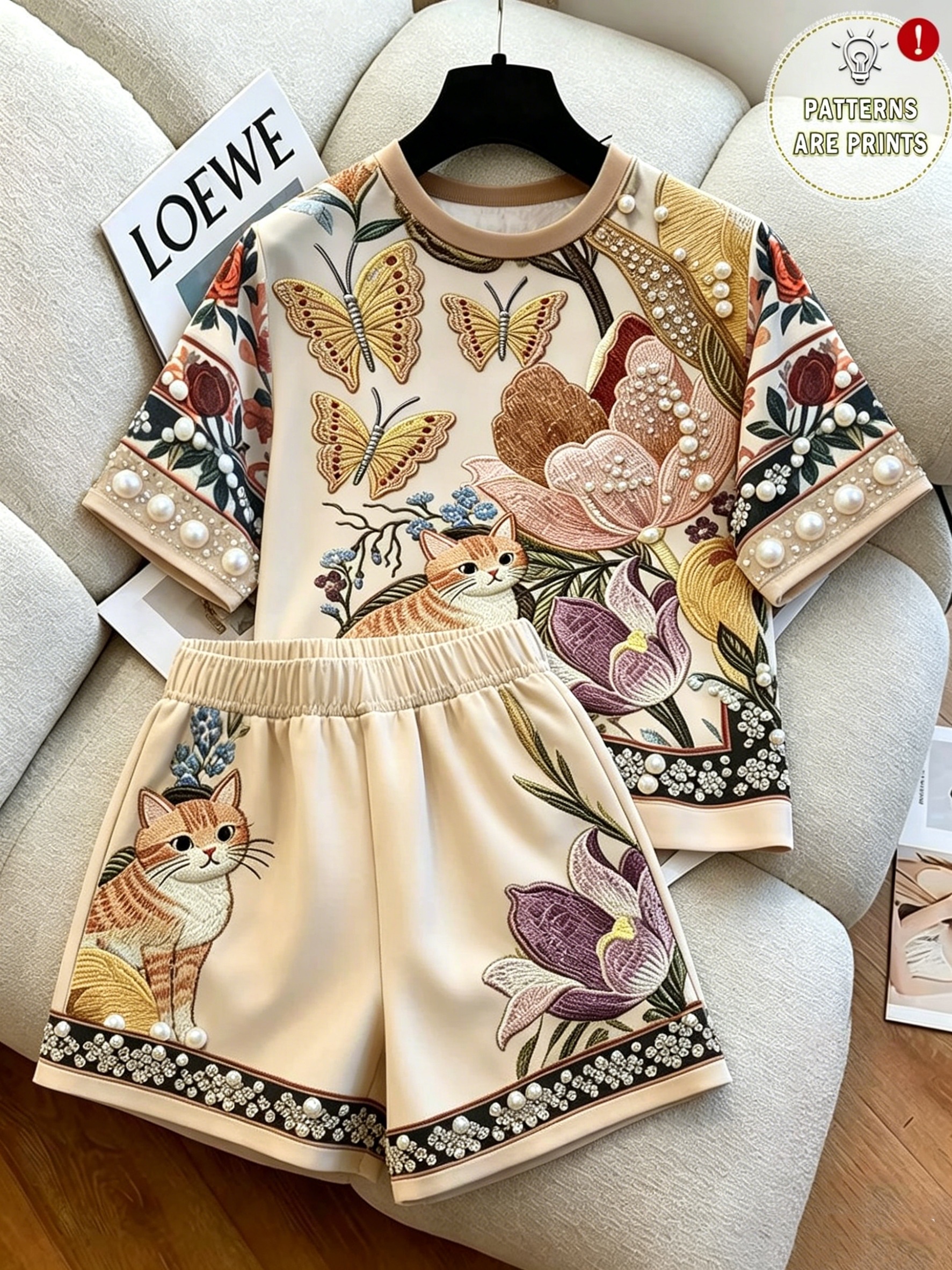 Tenue décontractée d'été pour femmes : haut à manches courtes élégant à imprimé floral, papillon et chaton + short ample, ensemble deux pièces, adapté aux sorties décontractées d'été, vêtements polyvalents