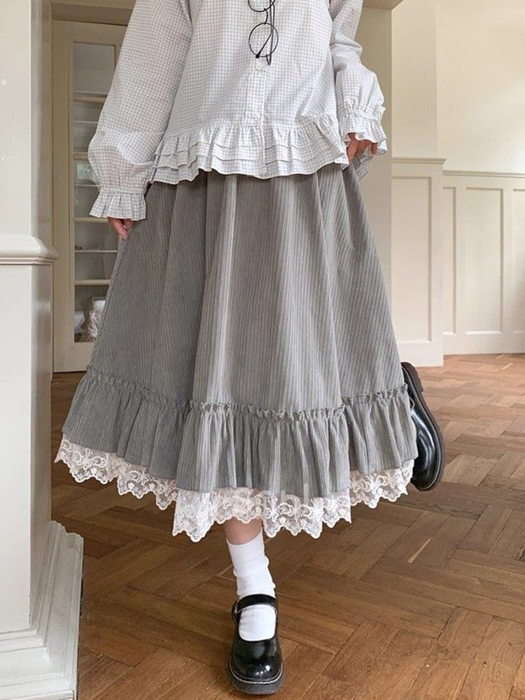 Printemps doux mignon jupe longue femmes Vintage Preppy Style dentelle Patchwork Kawaii jupes japon rétro décontracté dame élégante jupes longues