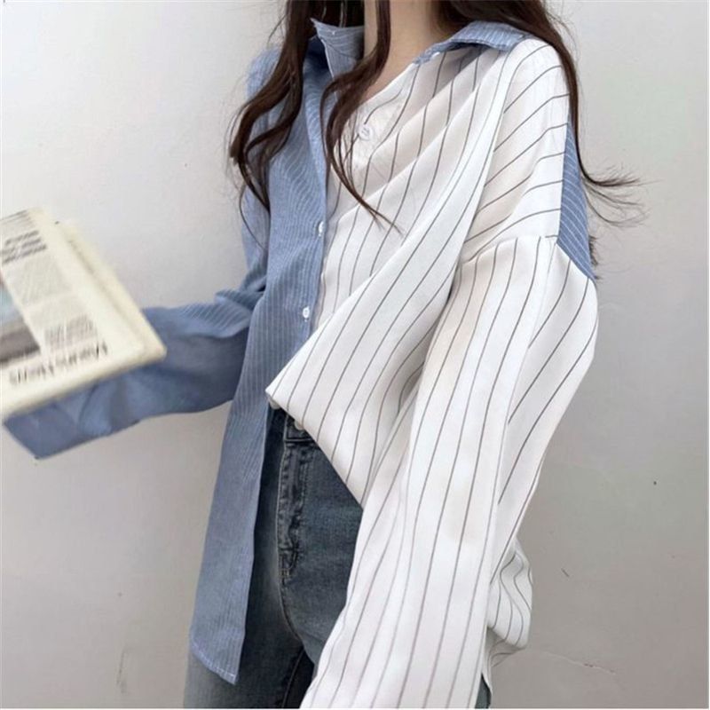 Chemisiers de tempérament rayés pour femmes, col rabattu, streetwear décontracté, vêtements de printemps et d'été, Asells, mode