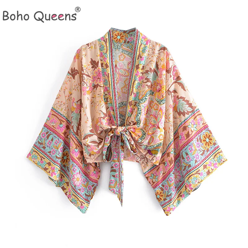 Boho Queens Vintage imprimé fleuri ceintures court Kimono femmes nouvelle mode col en V manches chauve-souris dames Robe de plage couvertures