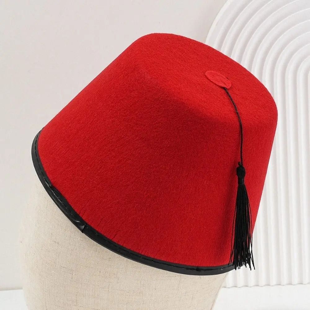 Chapeau Fez Traditionnel en Feutre Rond Rouge, Chapeau Marocain Respirant, Tarboosh Fez Universel