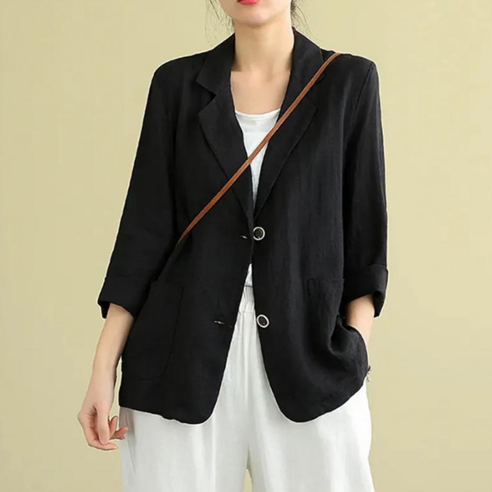 Manteau d'été en coton et lin pour femme, blazer vintage à manches longues, veste décontractée à revers avec poches