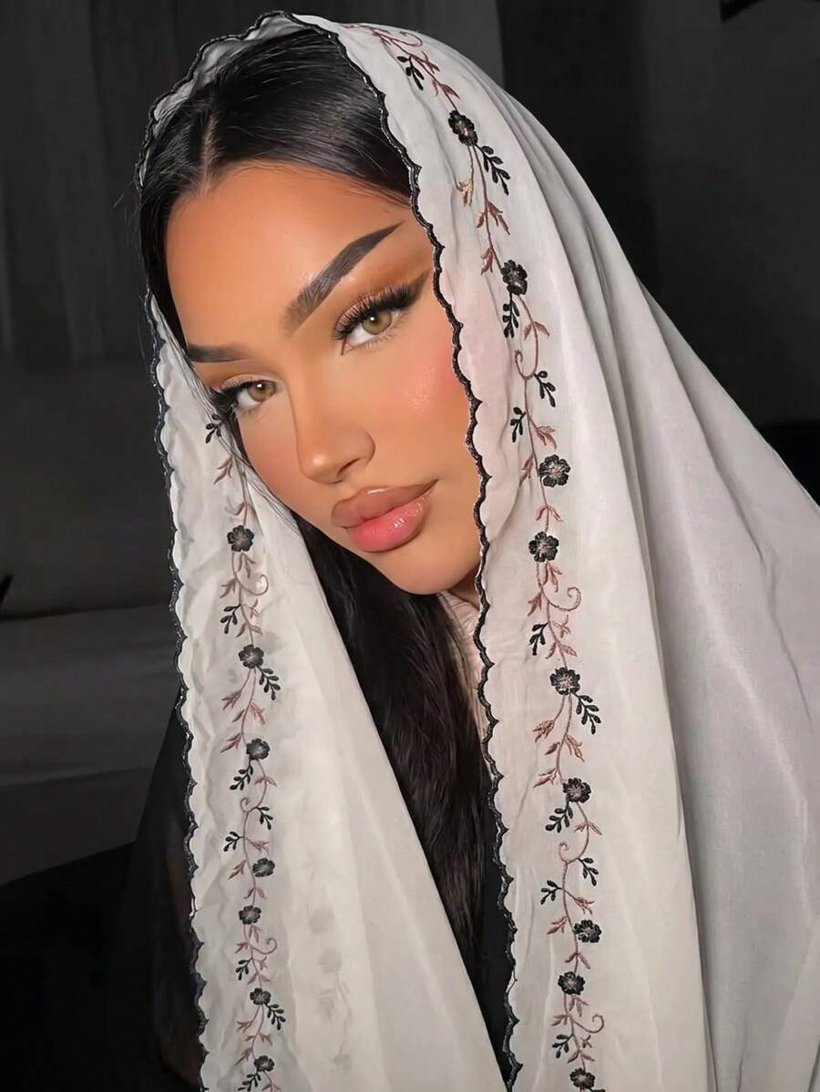 Hijab en mousseline de soie brodé de motifs floraux, écharpe à bord festonné, châle doux, châle islamique pour femmes, foulard pour femmes musulmanes