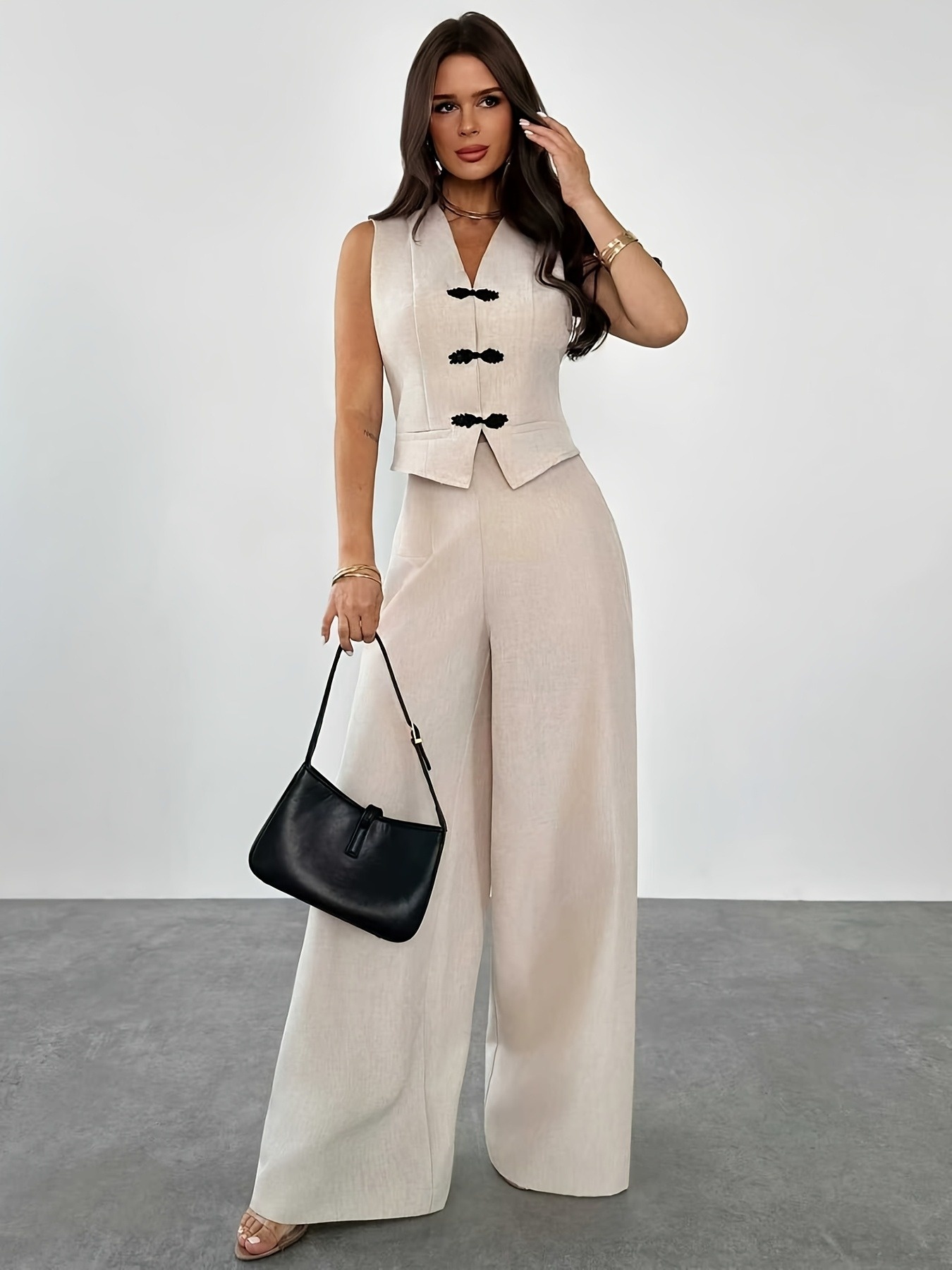 Ensemble deux pièces pour femmes, gilet court élégant et minimaliste à col en V, à blocs de couleur, avec bordure boutonnée et pantalon large à taille haute, adapté