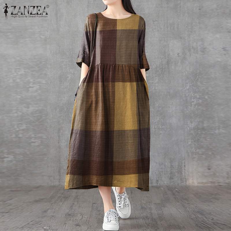 ZANZEA – Robe mi-longue à carreaux pour femmes, Vintage, décontractée, en coton et lin, à la mode, col rond, surdimensionnée, été, 2023