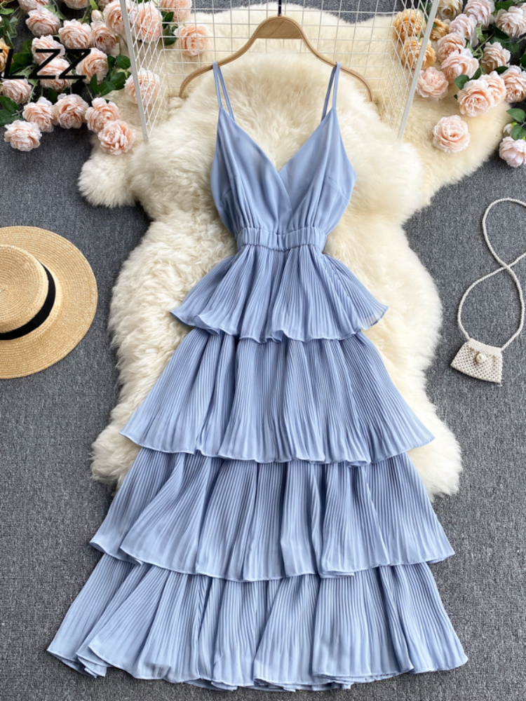 Robe de plage mi-longue à volants pour femmes, col en V, couche plissée, robes de plage élégantes, robe trapèze, sexy, nouveau, été, 2021