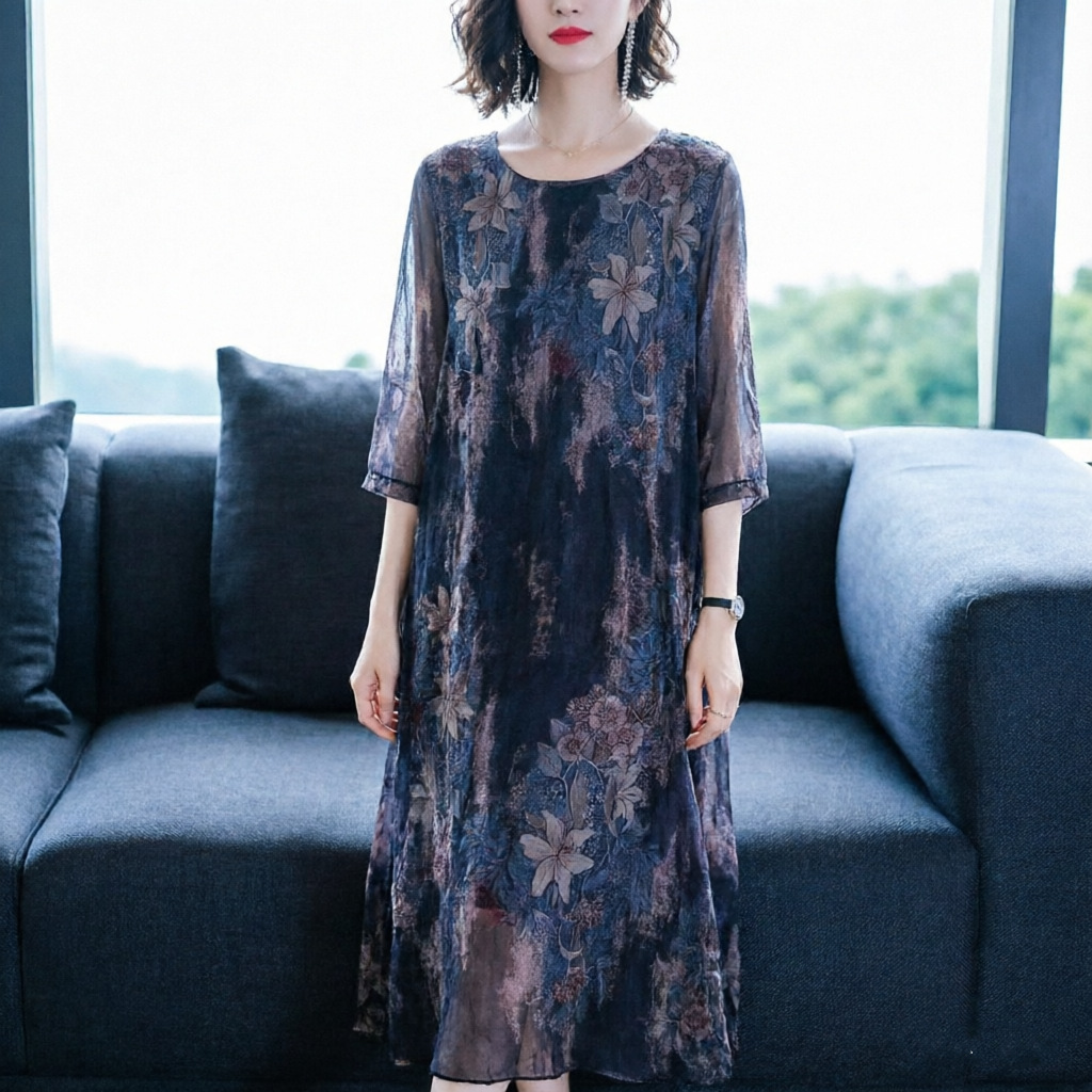 Robe midi grande taille pour mères d'âge moyen, nouveau style d'été, robe en tulle, cache-ventre, amincissante, jupe trapèze, décontractée et confortable