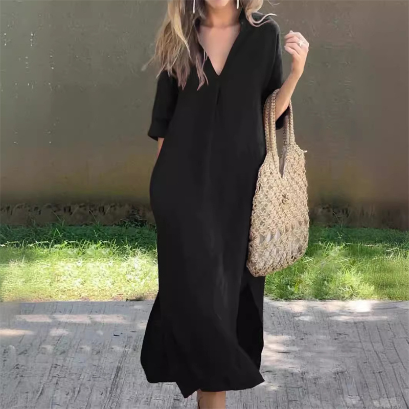 Femmes été coton lin couleur unie robes col en V profond pull robe ample femme sept-quarts manches ourlet fendu robe décontractée