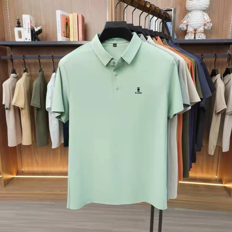 Polo en soie glacée de haute qualité à manches courtes pour homme – T-shirt décontracté uni, confortable et respirant pour l'été – Marque de mode