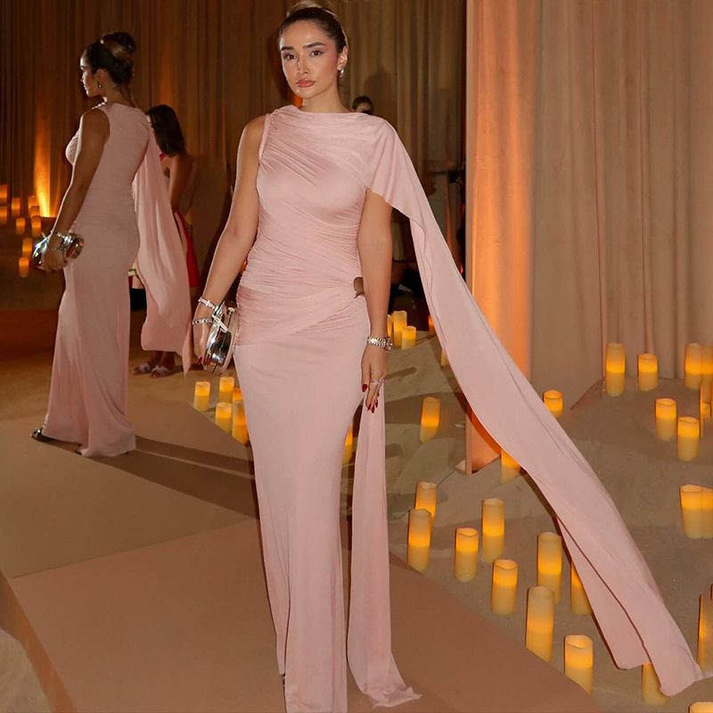 Robe de soirée élégante froncée pour femme, sans manches, moulante, col rond, longue, avec ruban, Nouvelle collection 2026, pour vacances, fêtes et clubs