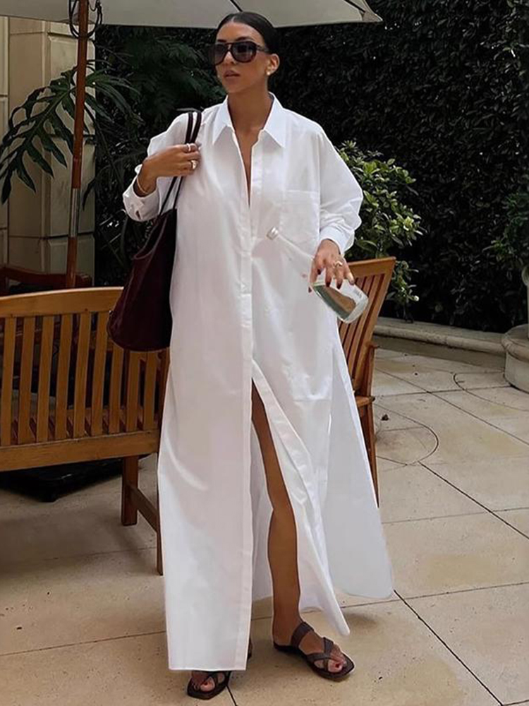 Robe d'été ample et décontractée pour femmes, Style français, manches longues, chemise à revers avec fente latérale, simple boutonnage, style Boho Maxi, robes longues