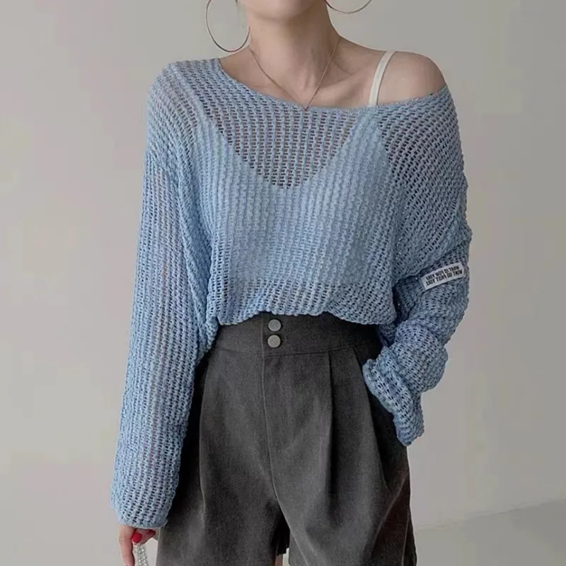 Mode coréenne creux voir à travers la crème solaire tricot couvre col rond ample décontracté femmes Blouse à manches longues Simple mince chemises