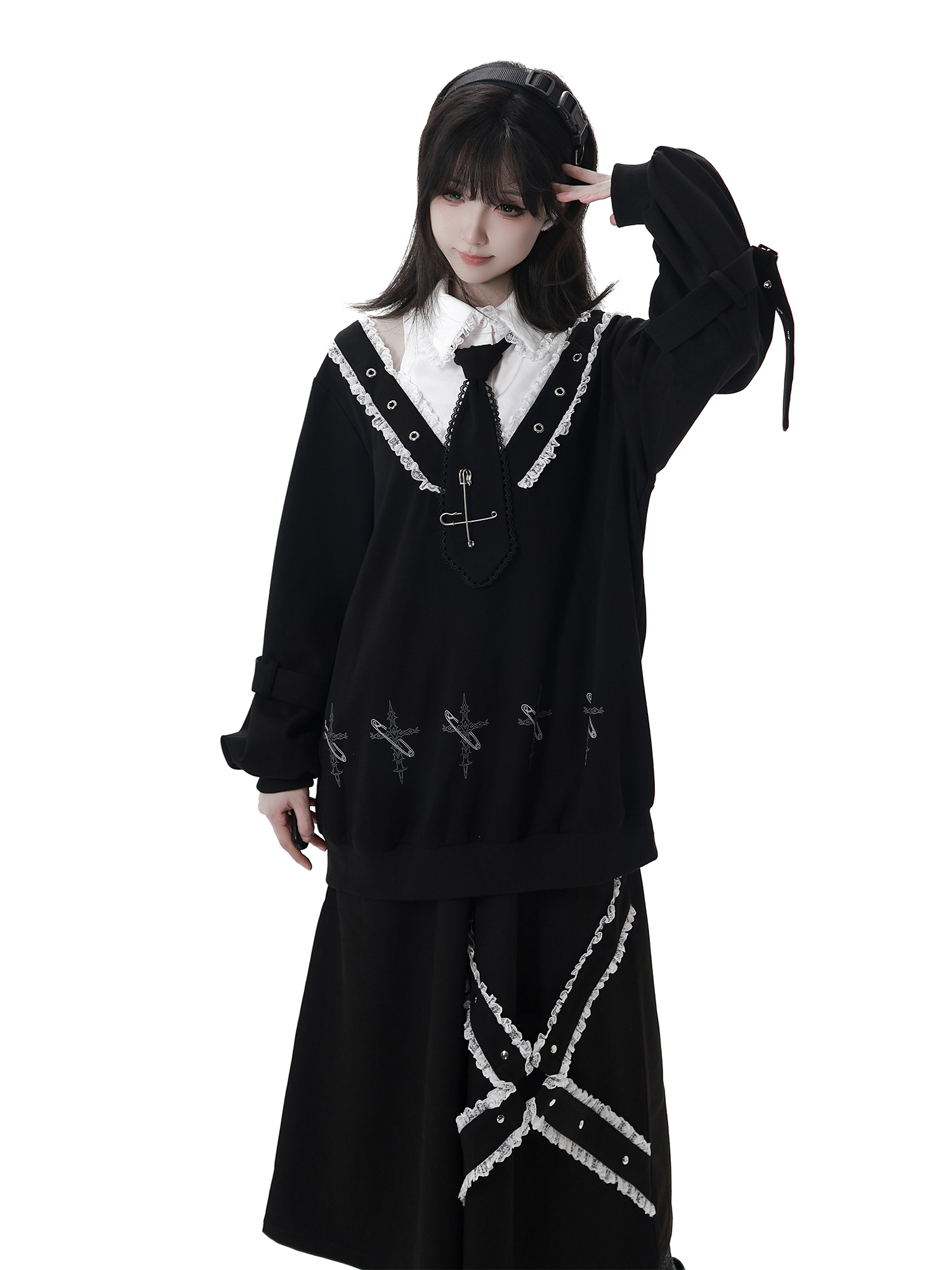 Highstreet doux Cool décontracté robe à capuche dessin animé imprimé broderie dentelle volants Patchwork à manches longues robe noire ample femmes