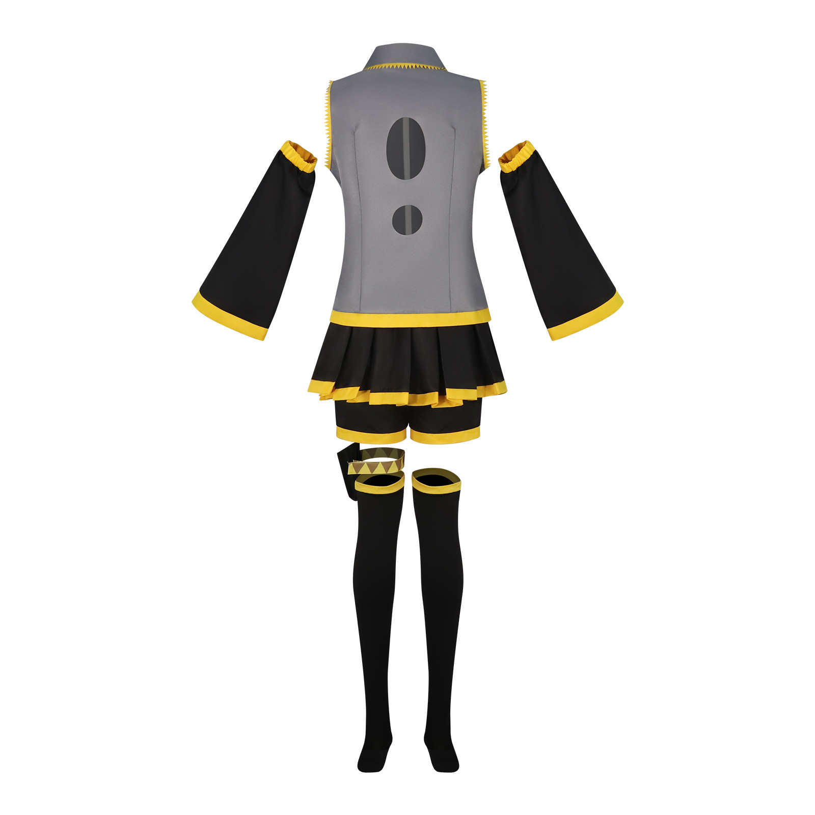 2 styles de tenues de cosplay anime pour femmes, jupe grise, short rayé jaune, manches imprimées, perruque blonde en option, tenue de cosplay d'Halloween