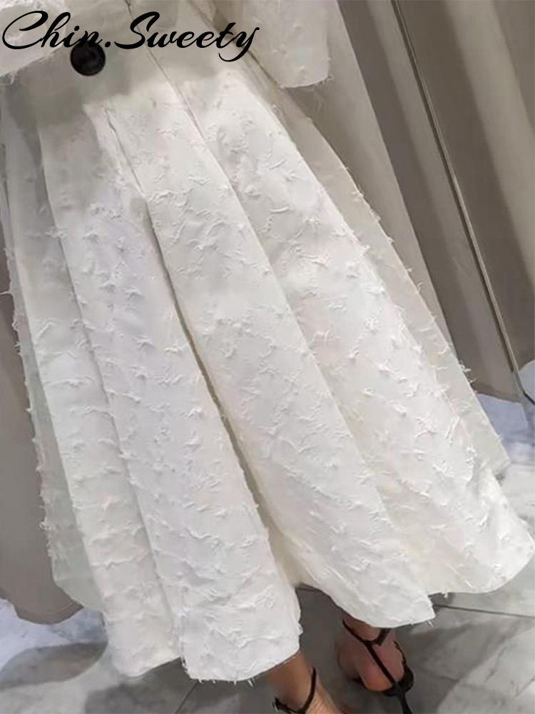 Élégant blanc gland chemise jupe femmes tenue revers à manches longues bouton chemises plissées mi jupes 2025 été 2 pièces dame ensemble