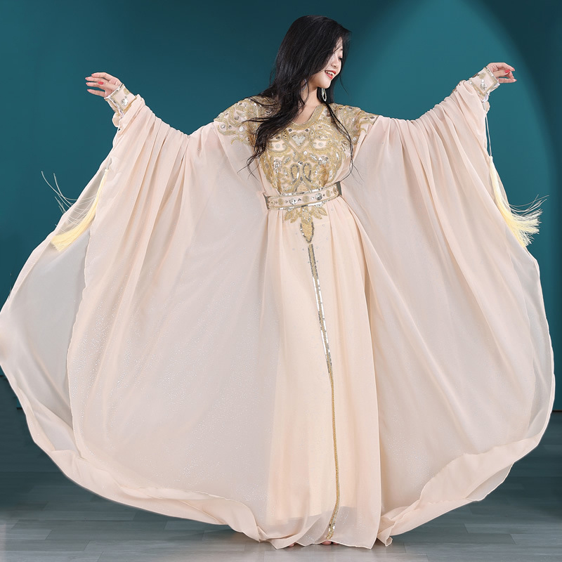 Robe traditionnelle égyptienne Khaleeji Thobe Robe de danse folklorique Danse du ventre Caftan Strass Compétition Costume Khaleegy avec ceinture