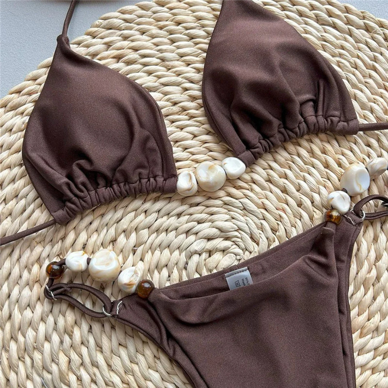 Femmes Bikini ensemble perlé sans manches soutien-gorge avec taille basse slips maillot de bain vacances d'été 2 pièces maillot de bain maillots de bain