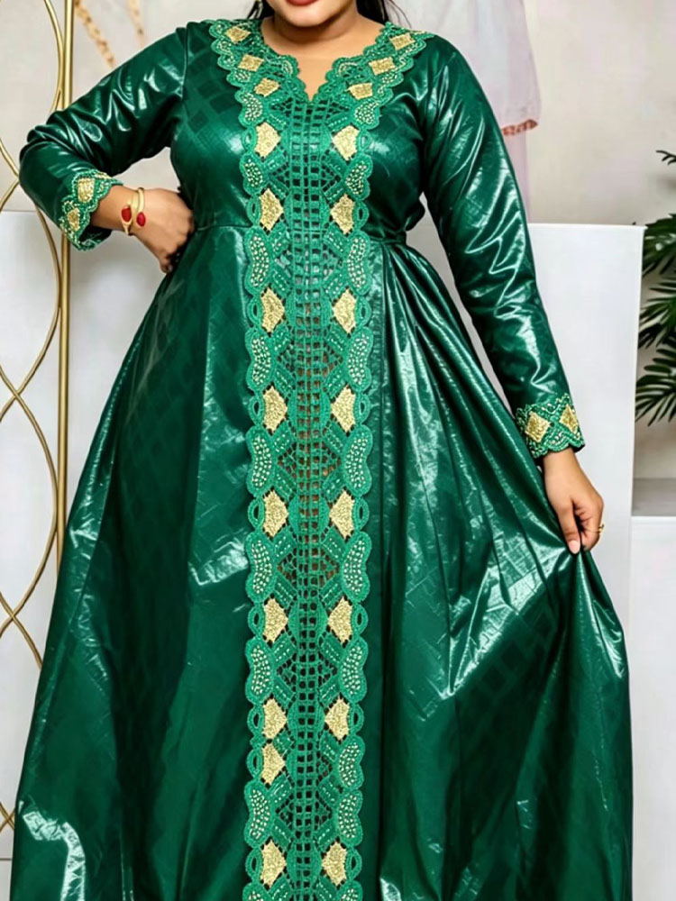 Robes longues brillantes en Bazin Riche 2026 – Robes de soirée Bazin Riche de qualité supérieure, Boubou Ankara, Robe Dashiki africaine verte avec ruban