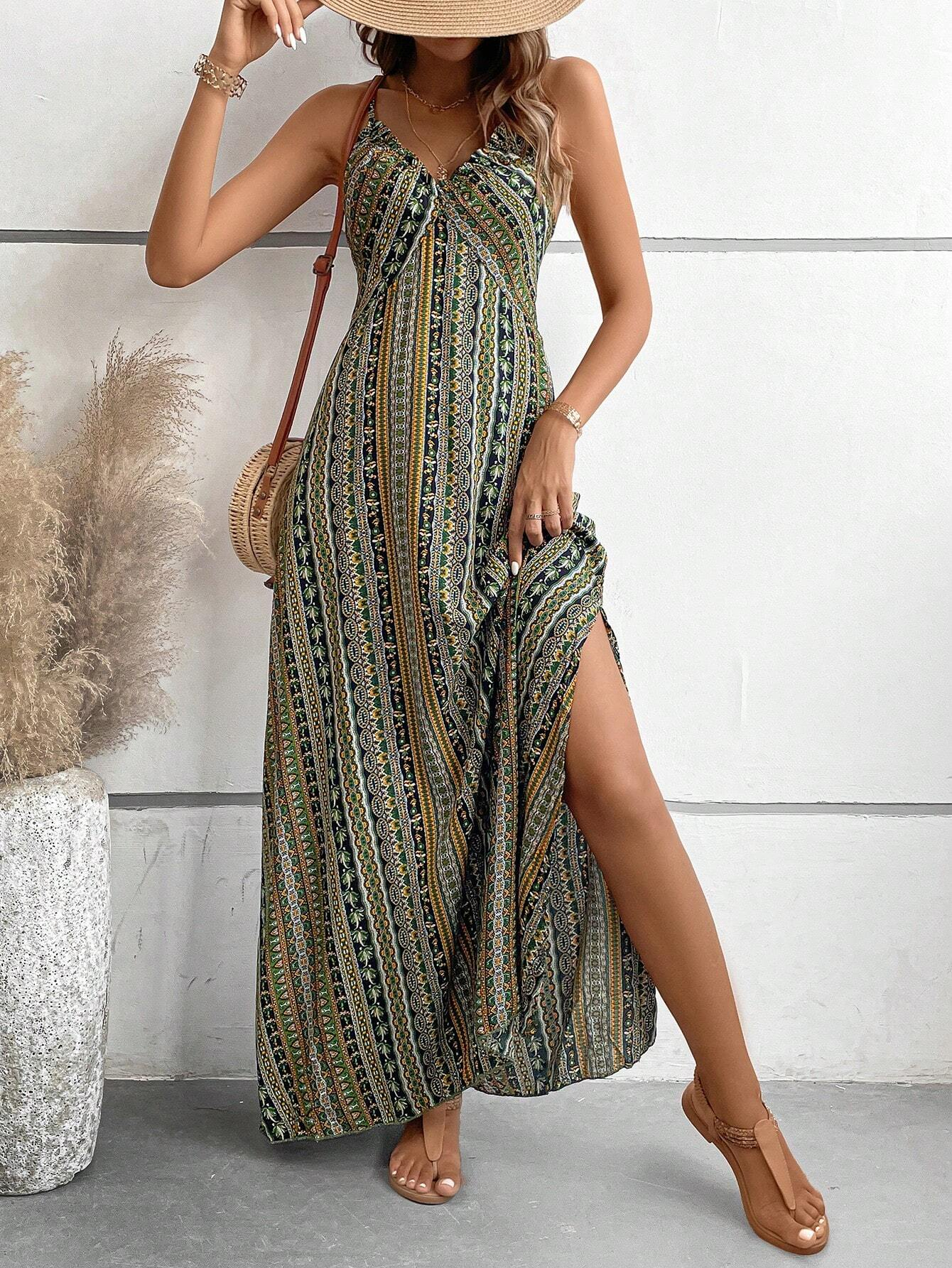 Robe longue d'été à motif ethnique pour femmes, dos nu, fendue sur les cuisses, vêtements d'été pour dames, mode Boho, garniture à volants, longue robe pour la plage