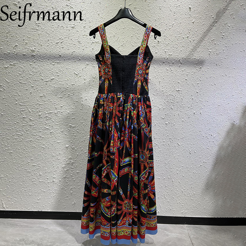 Robe longue décontractée en coton imprimé Seifrmann, col carré, sans manches, taille cintrée, nouvelle collection automne 2026 pour femme
