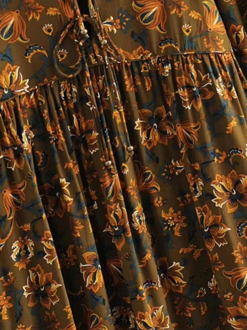 Robe maxi en coton rayonne à manches longues pour femmes, imprimé floral ethnique, robe de plage bohème, col à cravate pour dames, robe d'été vintage Boho