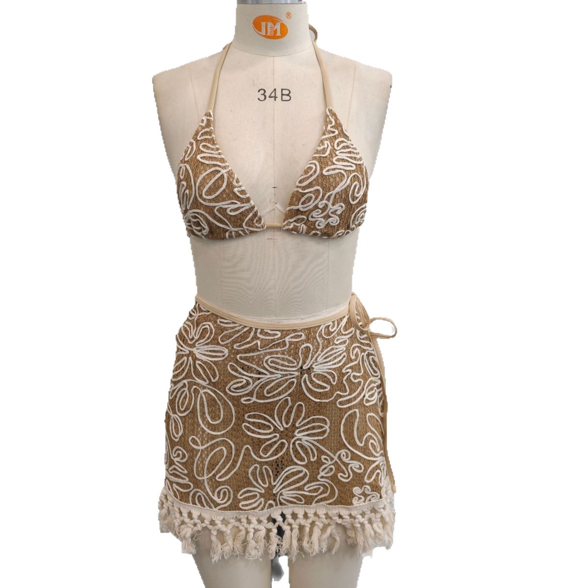 Ensemble bikini 3 pièces pour femme, crochet et broderie florale, haut triangle à nouer, bas à nouer sur le côté avec ourlet à pompons, jupe de plage, maillot de bain