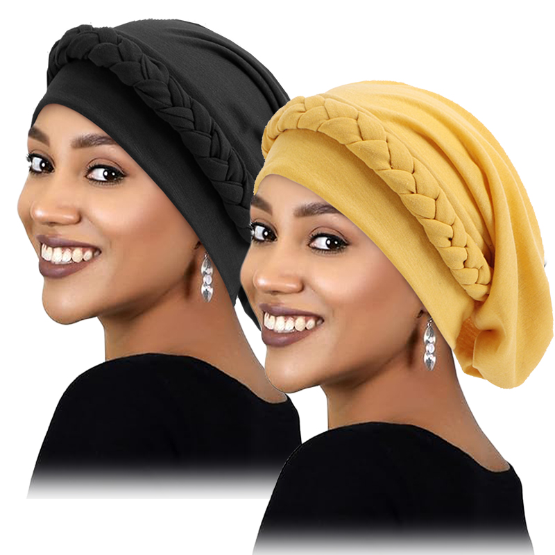 Turban élastique tressé pour femmes, 2 pièces/lot, chapeau torsadé musulman, chapeau contre le Cancer, casquette de chimio, couverture enveloppante pour cheveux, couvre-chef islamique