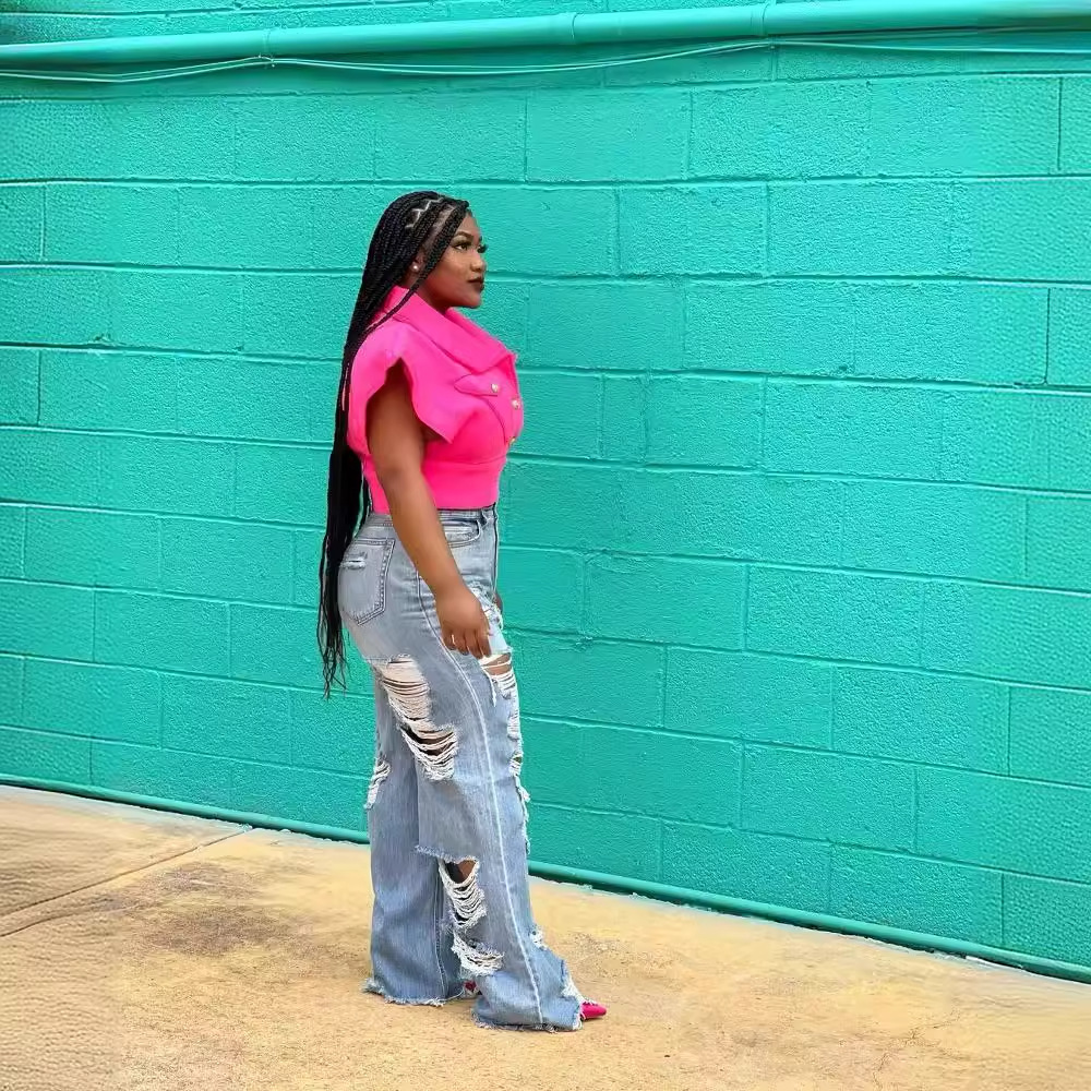 Jean femme pantalon Long élégant épissure Denim pantalon coupe ajustée Sexy trou taille haute bouton poche pantalon droit été 2024