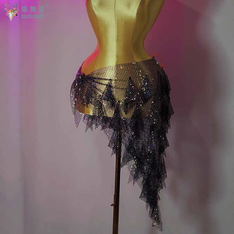 Costume de danse du ventre pour femmes, pierres AB avancées, chaîne de taille orientale, pompon, fesses, jupe écharpe de danse du ventre féminine