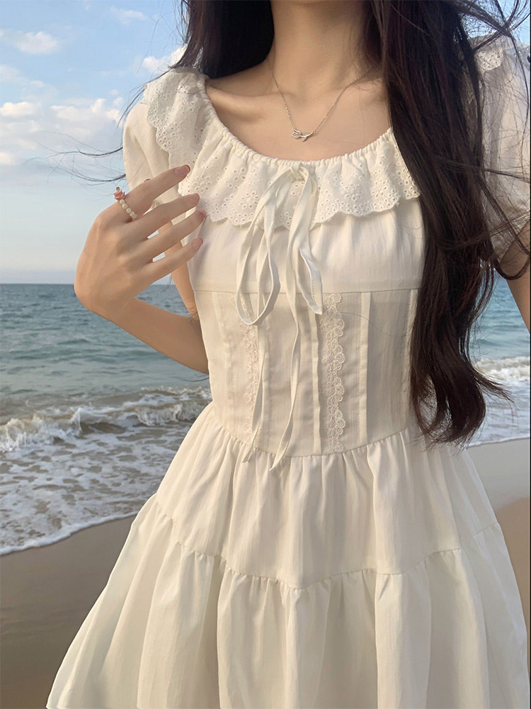 Dentelle Patchwork robes femmes doux Preppy à lacets une ligne Mini robe coréenne décontracté volants mince à manches courtes robes Chic