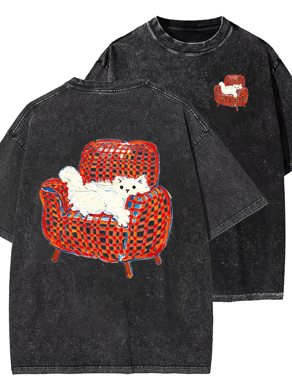 T-shirt délavé à motif chat mignon pour femme, imprimé chaton vintage, coupe oversize, décontracté, manches courtes, été, style Harajuku streetwear