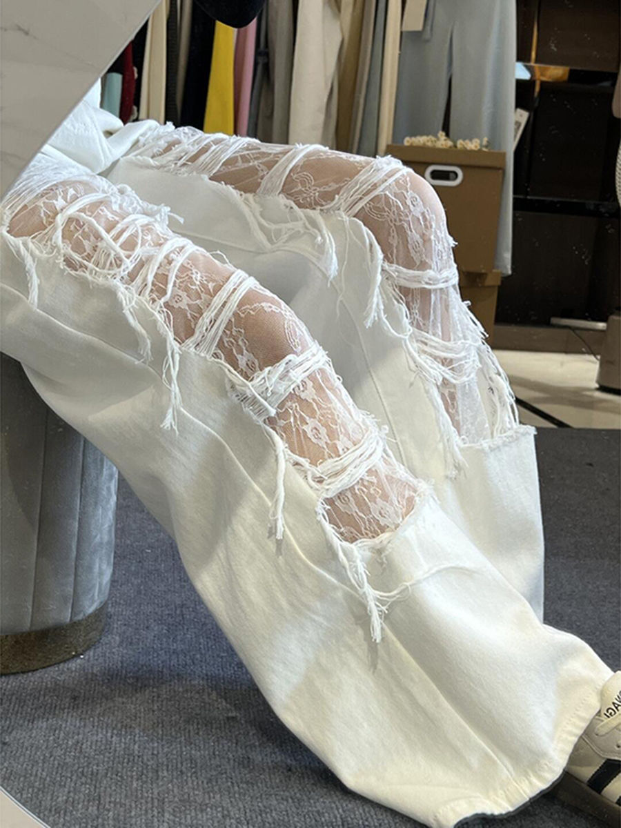 Jean blanc en détresse pour femmes, nouveau Design d'été, Slim, taille haute, jambes larges, avec frange en dentelle, 2025