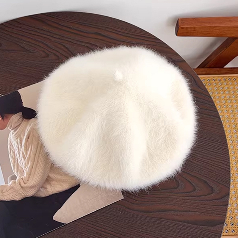 Béret d'hiver chaud en peluche pour femme, chapeau de gavroche doux en fausse fourrure de lapin, résistant au froid, pour femme et fille, élastique, couleur unie, chapeau de peintre et d'artiste