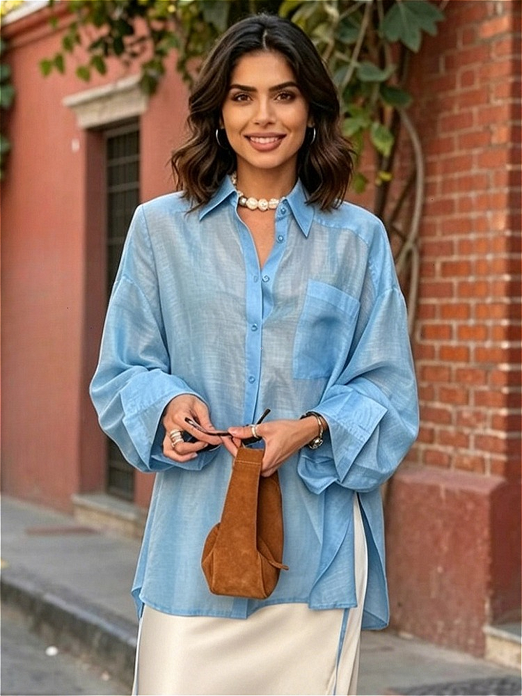 Chemisier ample bleu tendance 2026 pour femme, chemise élégante à revers et manches longues, hauts classiques unis, vêtements féminins