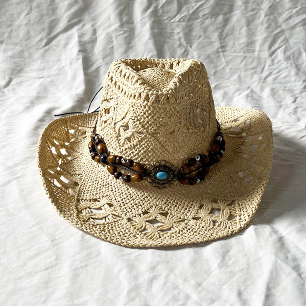 Chapeau de paille bohème Vintage pour femmes et hommes, chapeaux de Cowboy occidentaux, perles en bois, chapeau de soleil ajouré, casquette de vacances, été