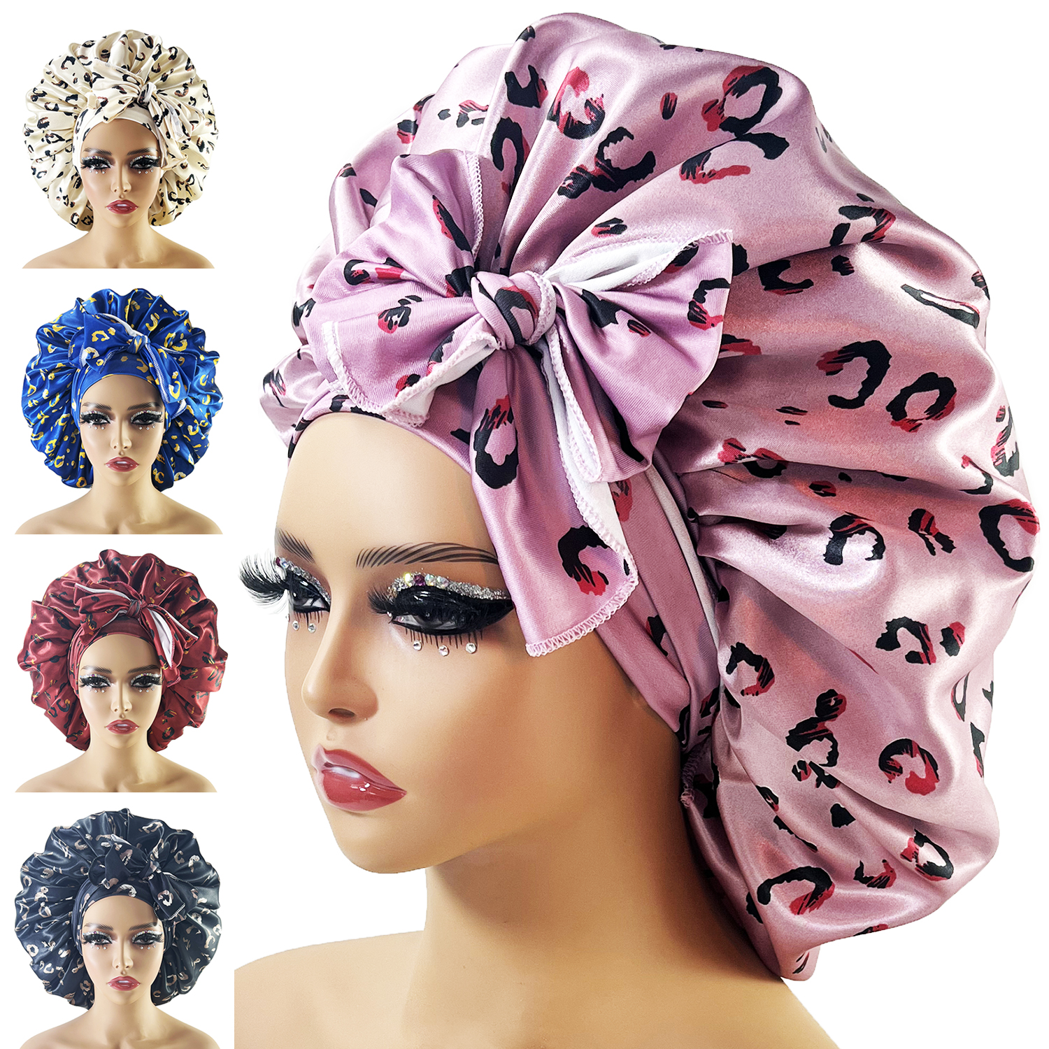 Nouveau Grand Bonnet en Satin de soie, Bonnet de nuit avec bandeau à nouer, enveloppe de bord pour femmes, cheveux tressés bouclés