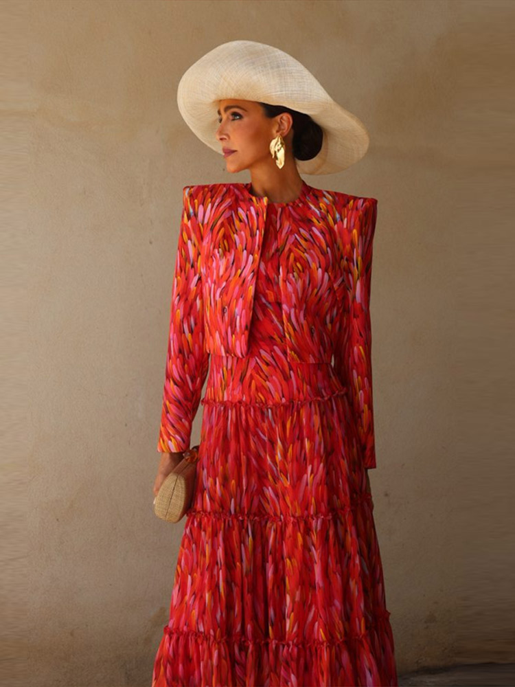Nouvel Ensemble Élégant Imprimé pour Femme : Manteau à Manches Longues et Robe Trapèze Col Rond – Collection Automne 2026