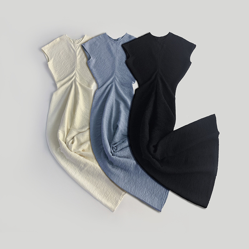 Robe minimaliste mi-mollet pour femmes, col rond, fermeture éclair, drapée, plissée, élégante, été