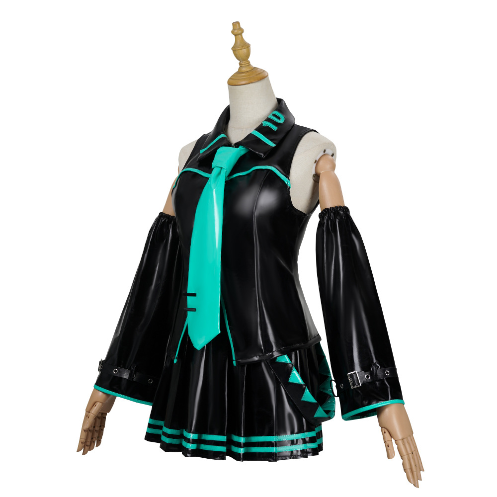 Tenue de cosplay d'idole virtuelle en cuir verni noir et vert, accessoires complets, perruque, chaussettes, bijoux pour Comic Con Party