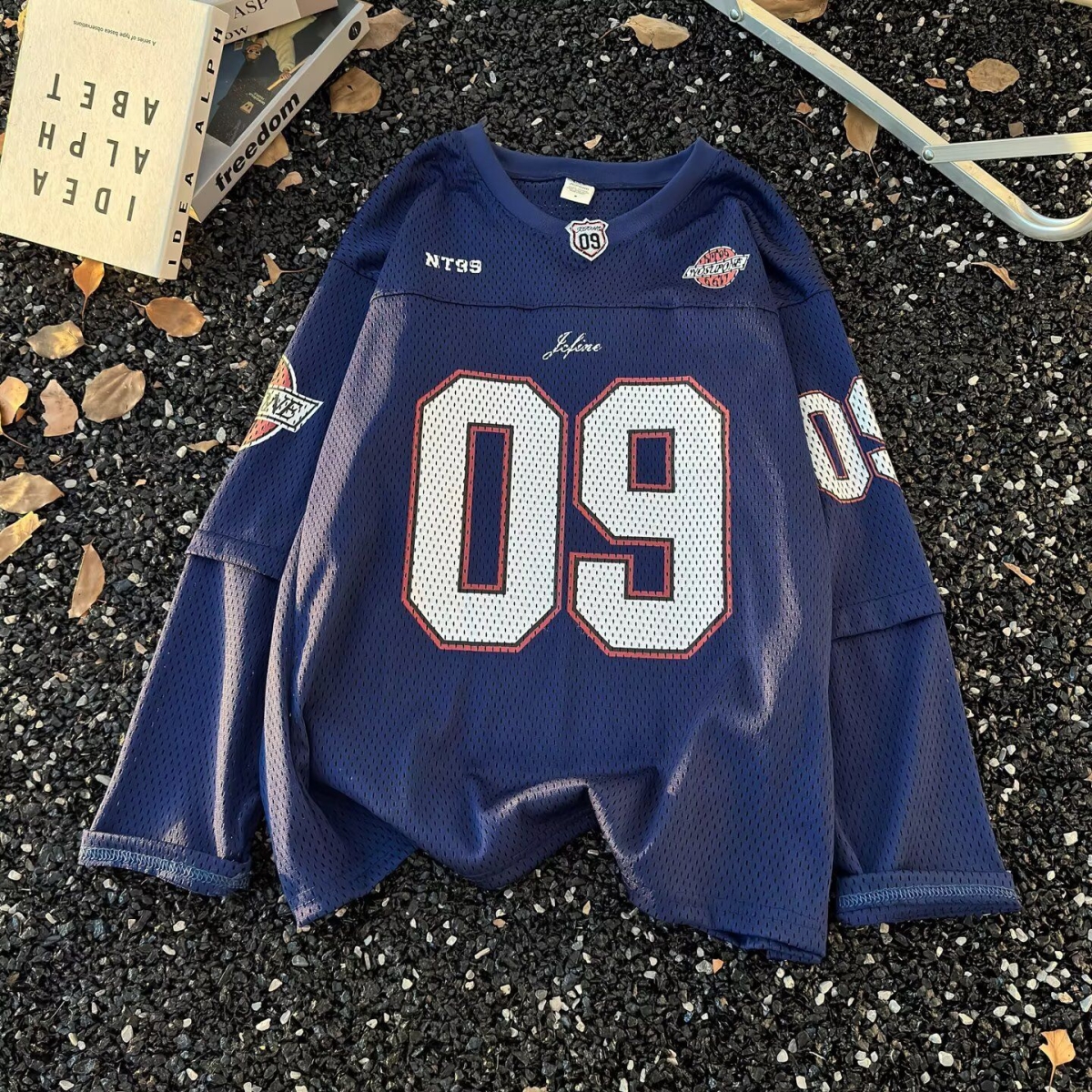 Maillot de football unisexe en maille à manches longues, effet deux pièces, avec motif 09, col en V, coupe ample, style Hip-Hop Street Sport, hauts pull-overs