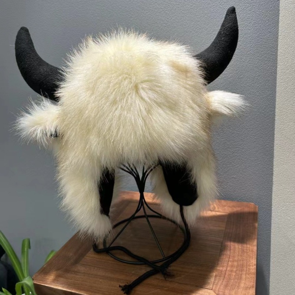 Chapeau Bullhead unisexe de haute qualité, chapeau en fourrure de bison épaisse et moelleuse avec cornes, chapeau coupe-vent avec cache-oreilles
