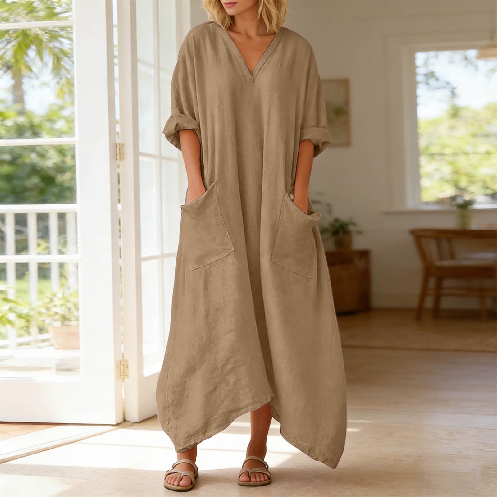 Robe d'été décontractée surdimensionnée pour femmes, col en V, manches 3/4, robes maxi avec poches, couleur unie, robe longue de plage pour les vacances