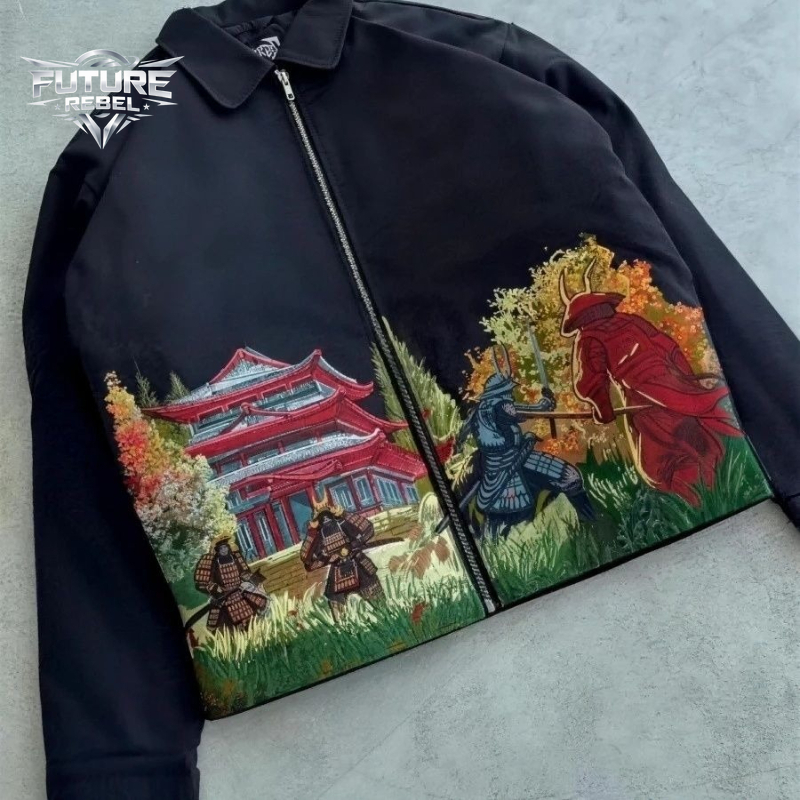 Veste bomber unisexe style Harajuku Y2K gothique, broderie samouraï, streetwear rétro japonais, coupe ample hip-hop