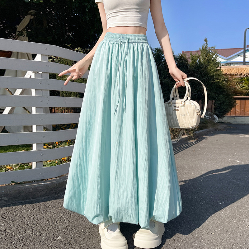 Jupe longue décontractée unie pour femme, style coréen été 2026, taille haute, jupe bouffante trapèze avec poches